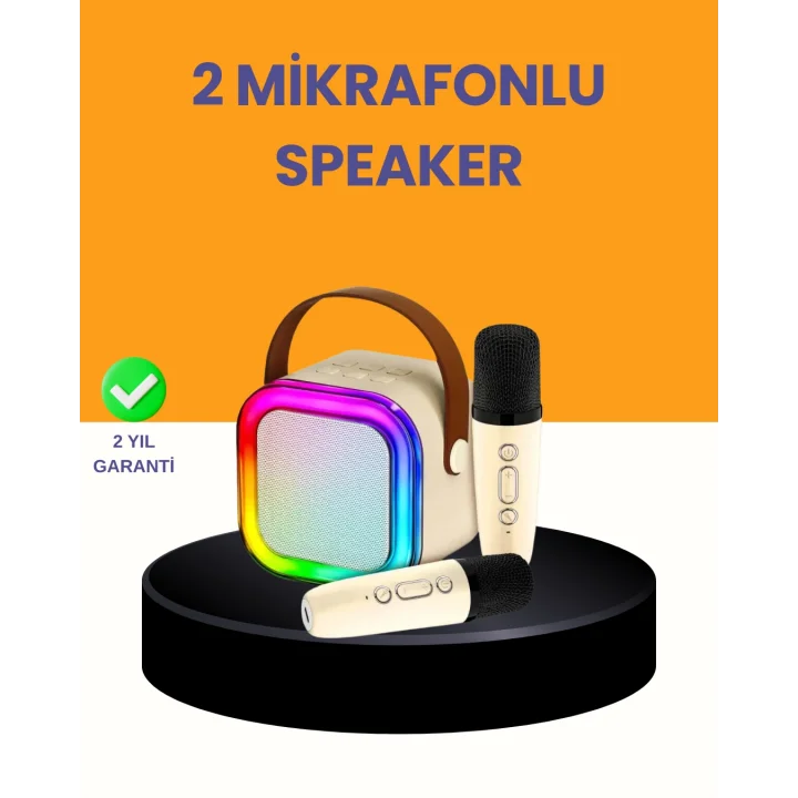 Mey İthalat® Çift Mikrofonlu Kompakt Karaoke Hoparlör – Uzun Pil Ömrü