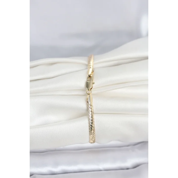 Mey İthalat® CM 14K Gold Renk Lazerli Yassı Zincir Model Kadın Bileklik