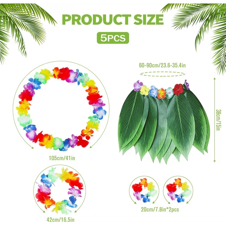 Mey İthalat® Çocuk Hawaii Kostüm Seti - Yaprak Etek &amp; Hawaii Set - 5 Parça