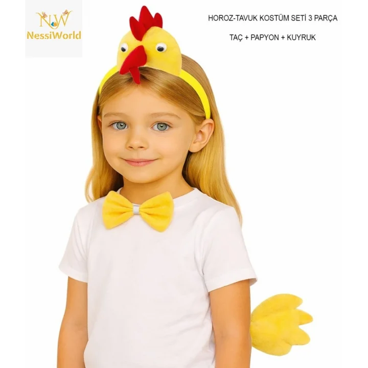 Mey İthalat® Çocuk Horoz Tavuk Kostüm Seti 3 Parça (Taç + Papyon + Kuyruk)