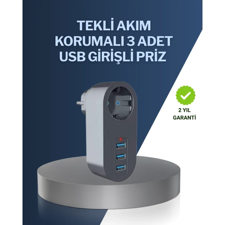 Mey İthalat® Çocuk Korumalı Termal Priz – 3lü USB Şarj ve Akım Koruması