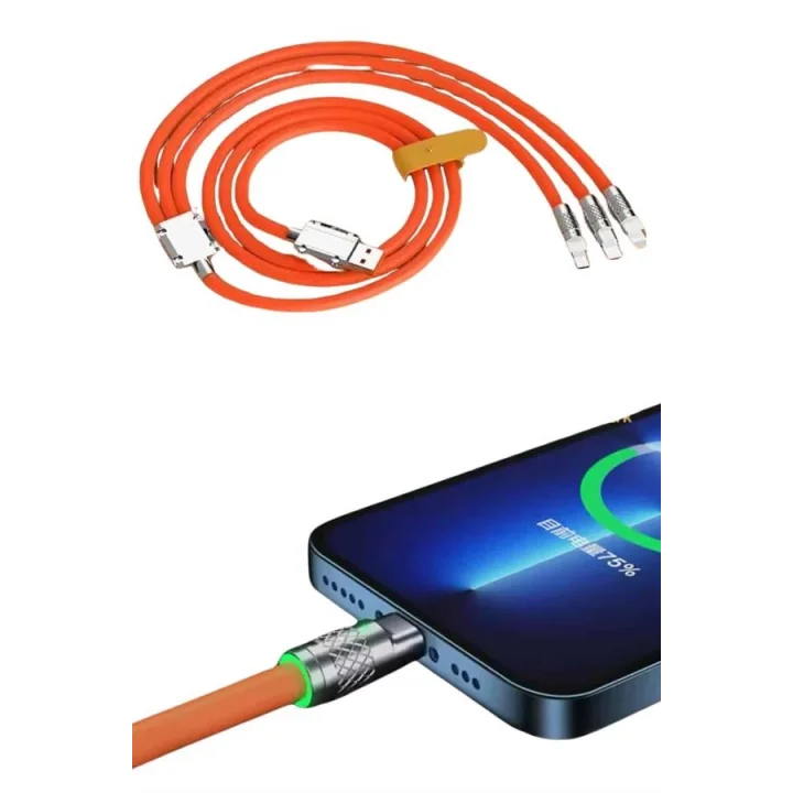 Mey İthalat® Çoklu Şarj Kablosu USB Type-C İOS Uyumlu 120W Hızlı Şarj Kablosu
