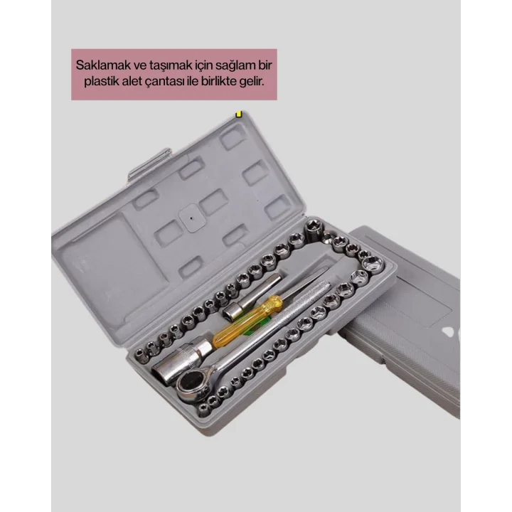 Mey İthalat® Dayanıklı Karbon Çelik 40 Parça Lokma ve Cırcır Anahtar Seti