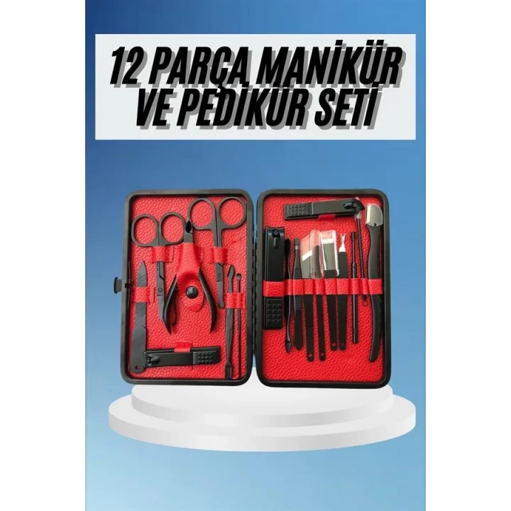 Mey İthalat® Deri Çantalı Siyah Paslanmaz Çelik 17 Parça Manikür Pedikür Seti