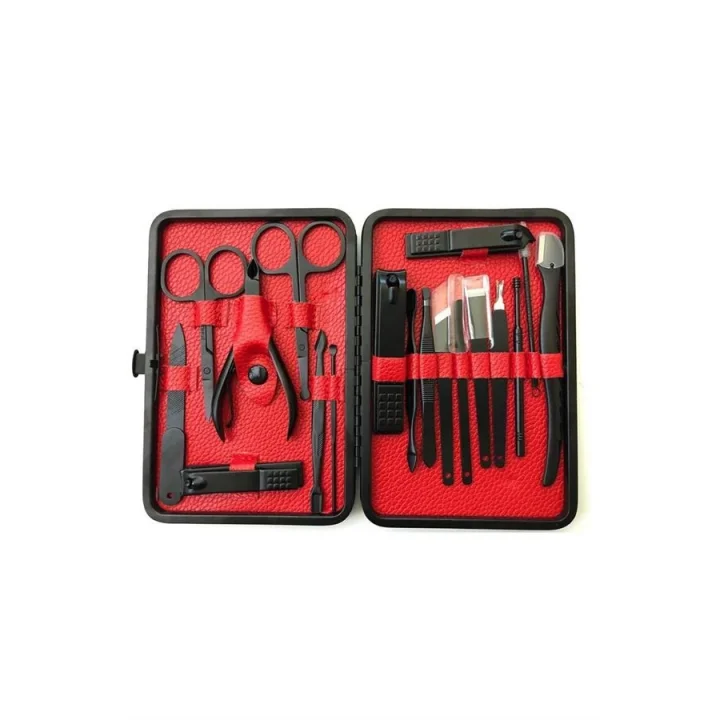 Mey İthalat® Deri Çantalı Siyah Paslanmaz Çelik 17 Parça Manikür Pedikür Seti