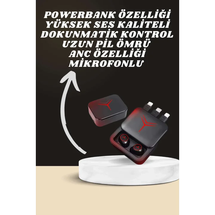 Mey İthalat® Dijital Göstergeli Powerbank Kablosuz Kulaklık ve 7 Kordonlu Yeni Nesil Akıllı Saat Dokunmatik Kontrol