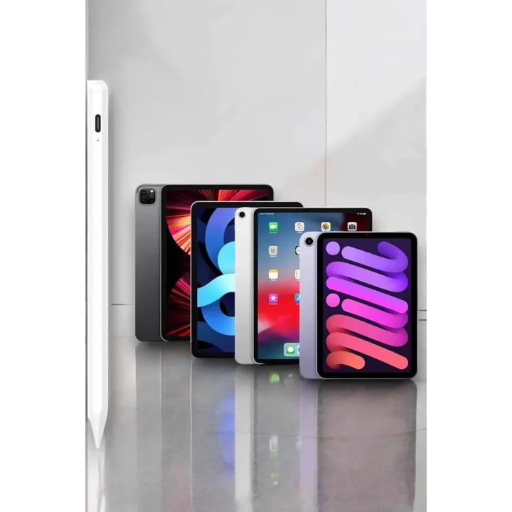 Mey İthalat® Dokunmatik Kalem Beyaz Şarjlı Yedek Uçlu Android ve İOS Uyumlu