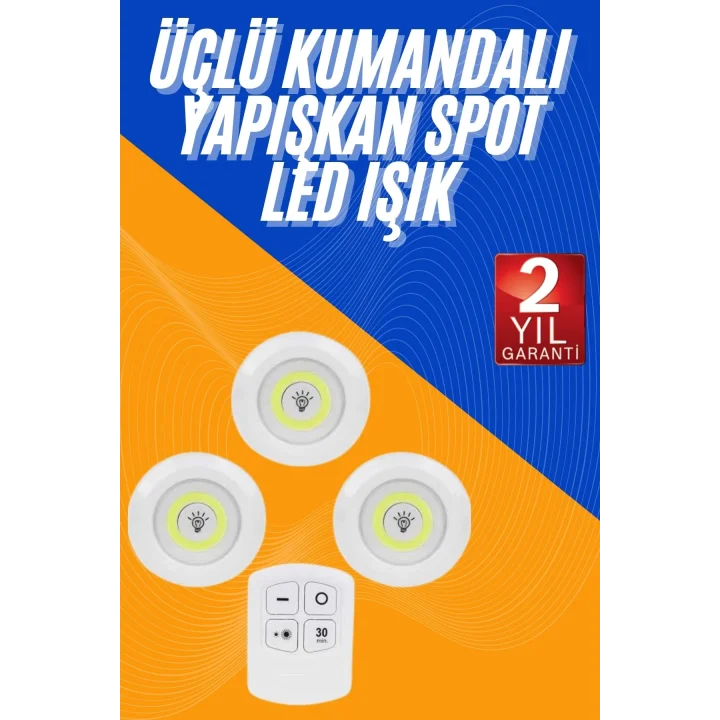 Mey İthalat® Dolap Işığı Mutfak Rafı Işığı Uzaktan Kumandalı 3 Lü Spot Led Lamba