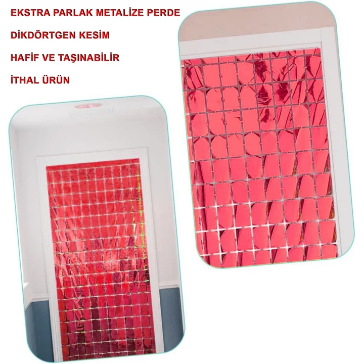 Mey İthalat® Ekstra Metalize Kırmızı Renk Disko Dikdörtgen Kesim Kapı Perdesi Dekorasyon 1x2 Metre