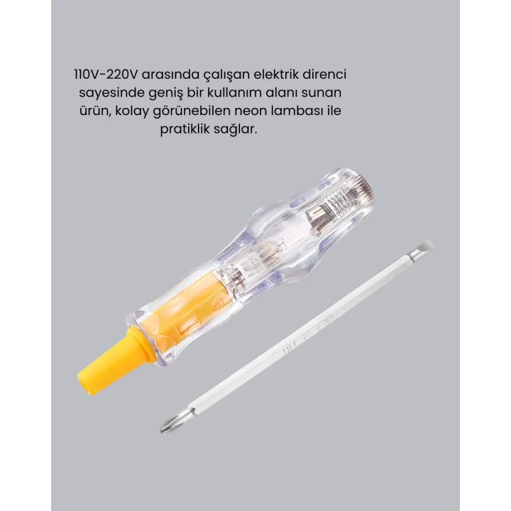 Mey İthalat® Elektrik Test Kalemi Neon Işıklı Nikel Kaplama 110-220V Dirençli