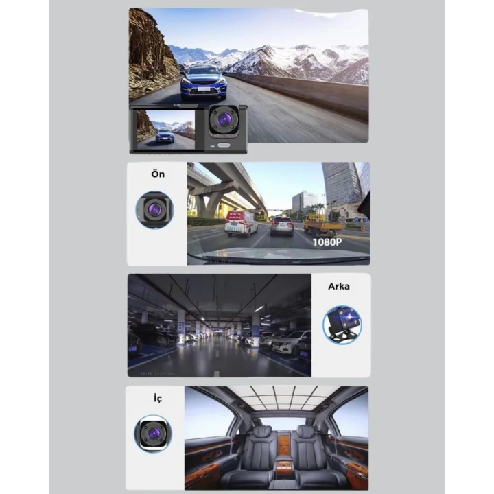 Mey İthalat® Full HD Çift Yönlü Araç Kamerası  Hareket Algılama  Döngüsel Kayıt