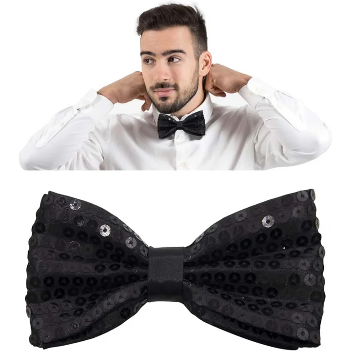 Mey İthalat® Gece Işıltısı Siyah Payetli Pullu Papyon 7x2 cm