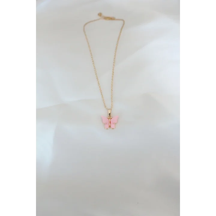 Mey İthalat® Gold Kaplama Pembe Sedefli Kelebek Kolye