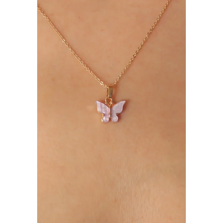 Mey İthalat® Gold Lila Renk Kelebek Figür Kadın Kolye