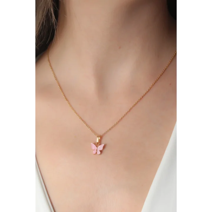 Mey İthalat® Gold Pembe Renk Kelebek Figür Kadın Kolye