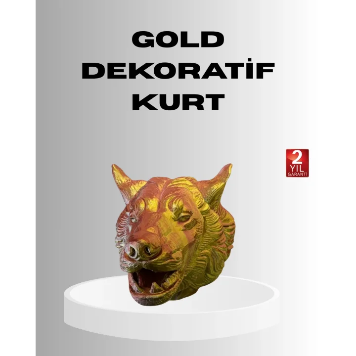 Mey İthalat® Gold Renk 3D Kurt Başı Duvar Dekoru
