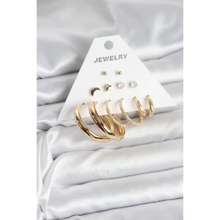 Mey İthalat® Gold Renk 6 Çiftli Pirinç Kadın Küpe Seti