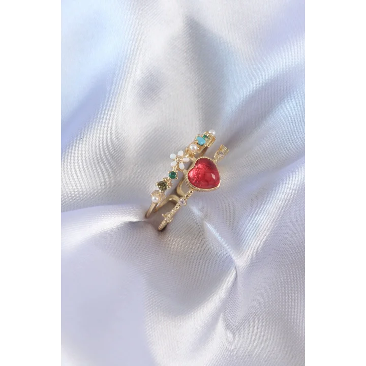 Mey İthalat® Gold Renk Kırmızı Zirkon Taş Kalp Model Pirinç Kadın Yüzük