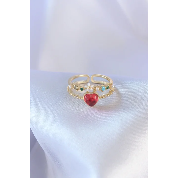 Mey İthalat® Gold Renk Kırmızı Zirkon Taş Kalp Model Pirinç Kadın Yüzük