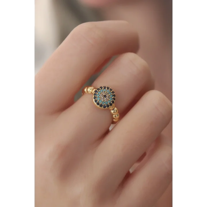 Mey İthalat® Gold Renk Nazar Boncuk Figür Zirkon Taş Detay Kadın Yüzük