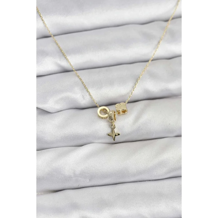 Mey İthalat® Gold Renk Pirinç Minimal Charmlı Kadın Kolye