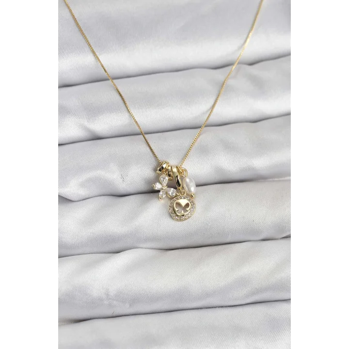 Mey İthalat® Gold Renk Pirinç Minimal Kelebek Charmlı Kadın Kolye