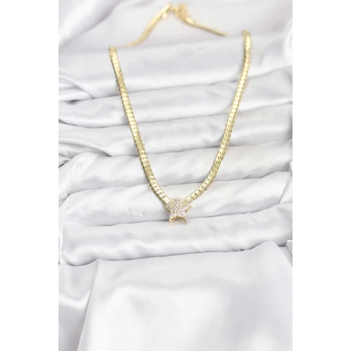 Mey İthalat® Gold Renk Pirinç Yıldız Zirkon Taşlı Kadın Kolye