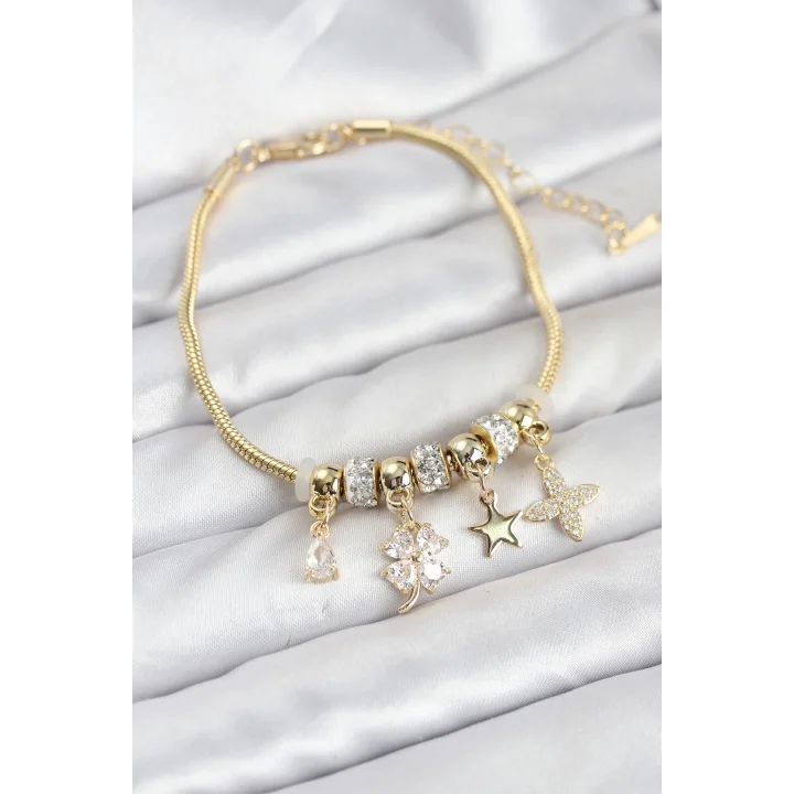 Mey İthalat® Gold Renk Pirinç Yonca Charmlı Kadın Bileklik