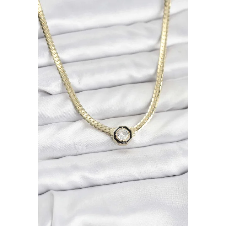 Mey İthalat® Gold Renk Pirinç Zirkon Taşlı Kadın Kolye