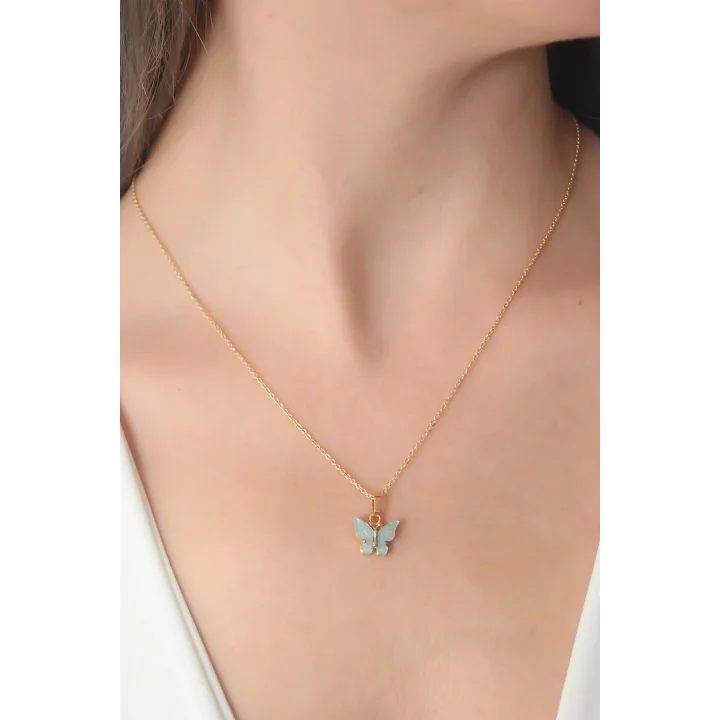 Mey İthalat® Gold Renk Su Yeşili Kelebek Figür Kadın Kolye