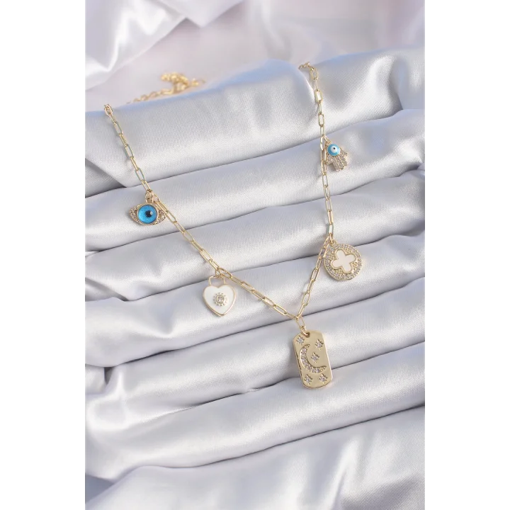 Mey İthalat® Gold Renk Zirkon Taşlı Çoklu Figür Model Şans Kolyesi