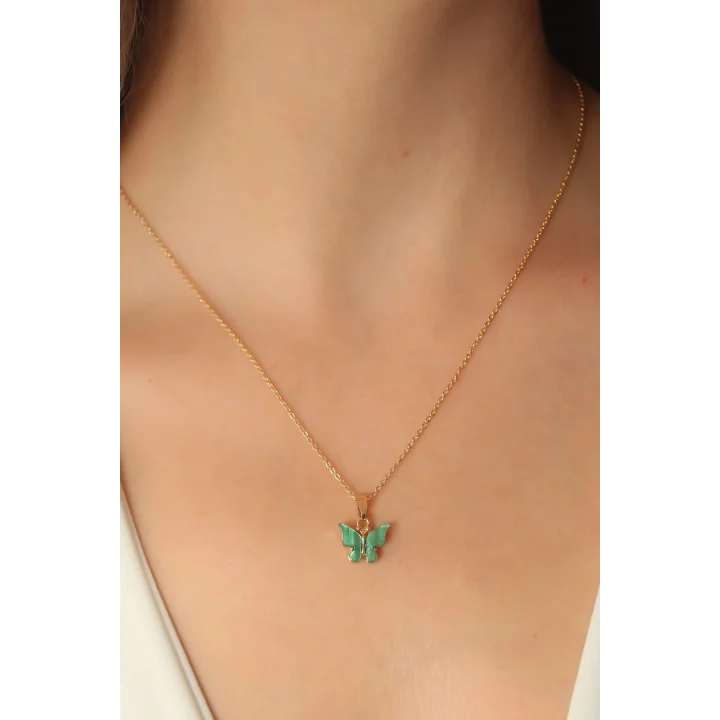 Mey İthalat® Gold Yeşil Renk Kelebek Figür Kadın Kolye