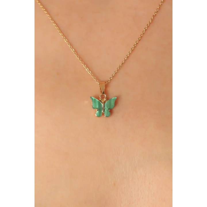 Mey İthalat® Gold Yeşil Renk Kelebek Figür Kadın Kolye