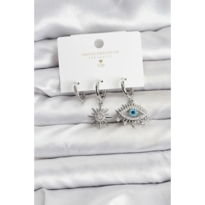 Mey İthalat® Göz Model Gümüş Renk Pirinç 3lü Kadın Küpe Seti