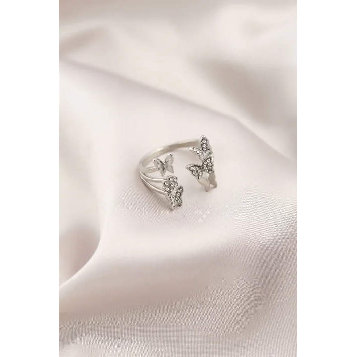 Mey İthalat® Gümüş Renk Metal Kelebek Model Kadın Yüzük