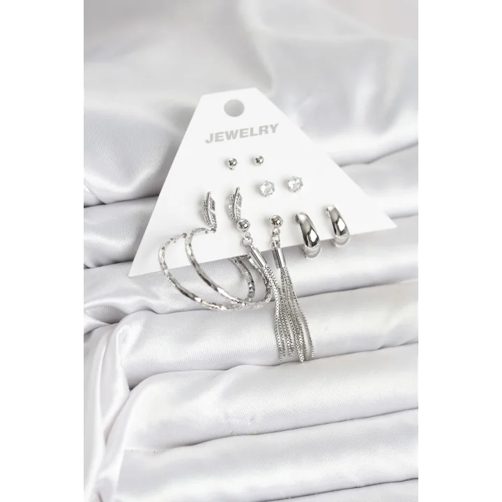 Mey İthalat® Gümüş Renk Pirinç 6 Çiftli Kadın Küpe Seti