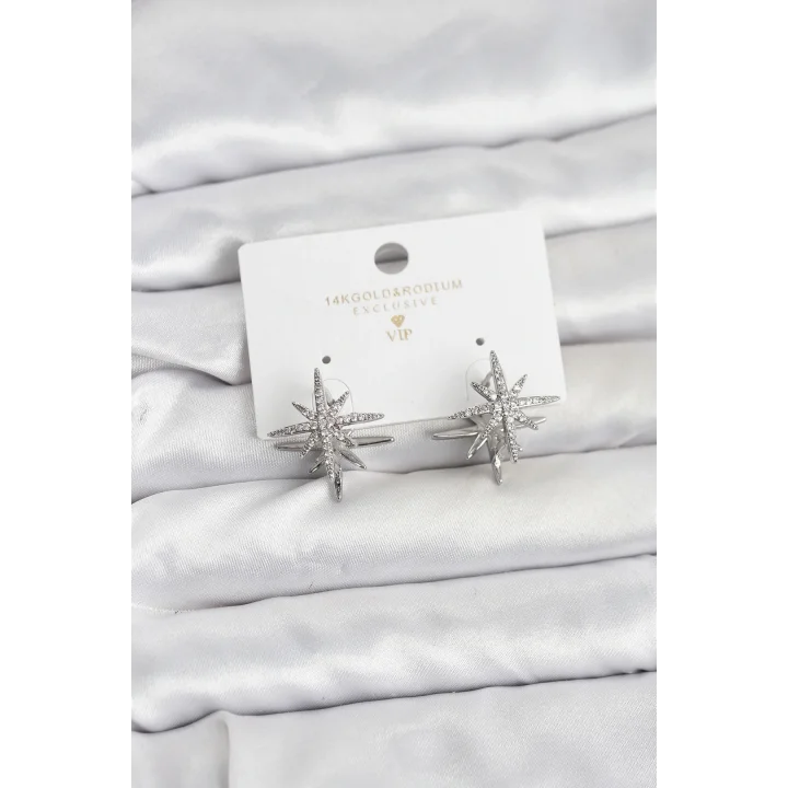 Mey İthalat® Gümüş Renk Pirinç Çift Taraflı Kutup Yıldızı Kadın Küpe