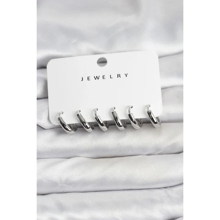 Mey İthalat® Gümüş Renk Pirinç Halka Kadın Küpe Seti