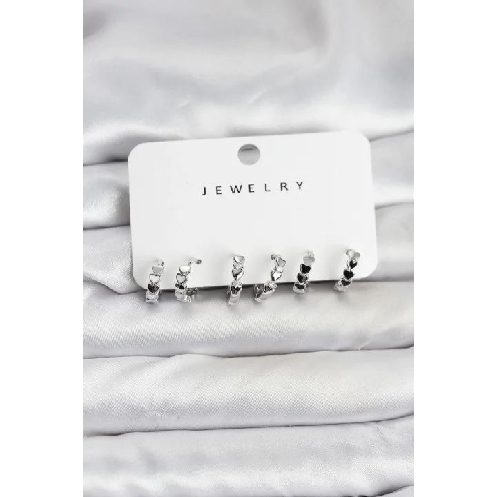 Mey İthalat® Gümüş Renk Pirinç Minimal Kalp Detaylı Kadın Küpe Seti