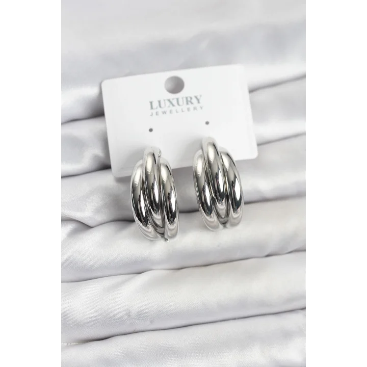 Mey İthalat® Gümüş Renk Pirinç Yarım Halka Model Kadın Küpe