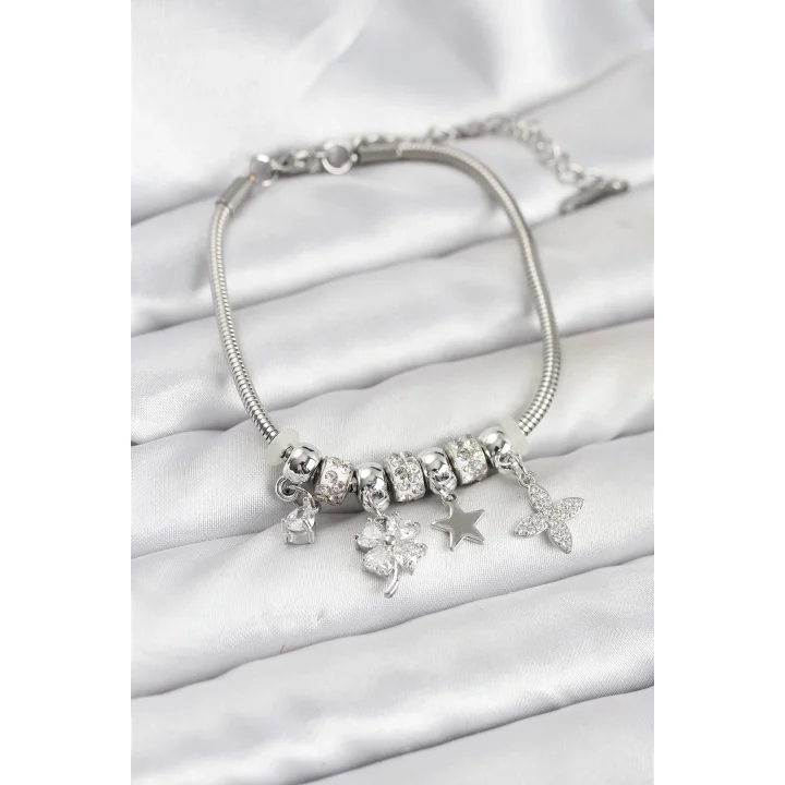 Mey İthalat® Gümüş Renk Pirinç Yonca Charmlı Kadın Bileklik