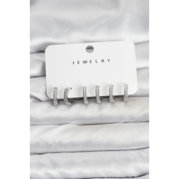 Mey İthalat® Gümüş Renk Pirinç Zirkon Taşlı Halka Kadın Küpe Seti