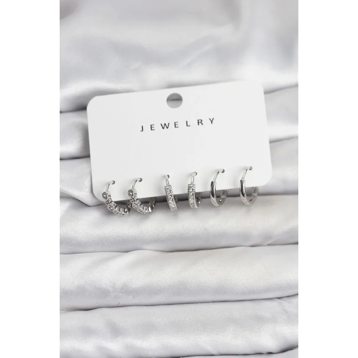 Mey İthalat® Gümüş Renk Pirinç Zirkon Taşlı Kadın Küpe Seti