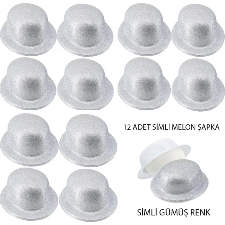 Mey İthalat® Gümüş Renk Simli Melon Yuvarlak Parti Şapkası 12 Adet