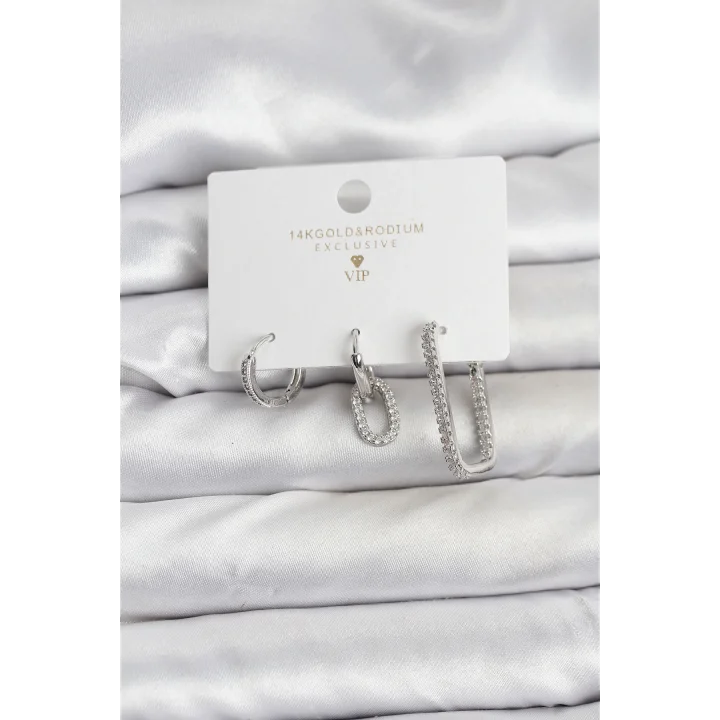 Mey İthalat® Gümüş Renk Zirkon Taşlı 3lü Kadın Küpe Seti