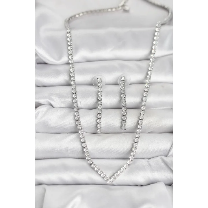 Mey İthalat® Gümüş Renk Zirkon Taşlı Kadın Kolye Küpe Seti