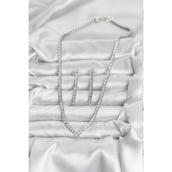 Mey İthalat® Gümüş Renk Zirkon Taşlı Kadın Kolye Küpe Seti