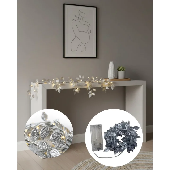 Mey İthalat® Gümüş Yaprak Tasarımlı LED Işık Pilli Ev ve Vitrin Dekoru