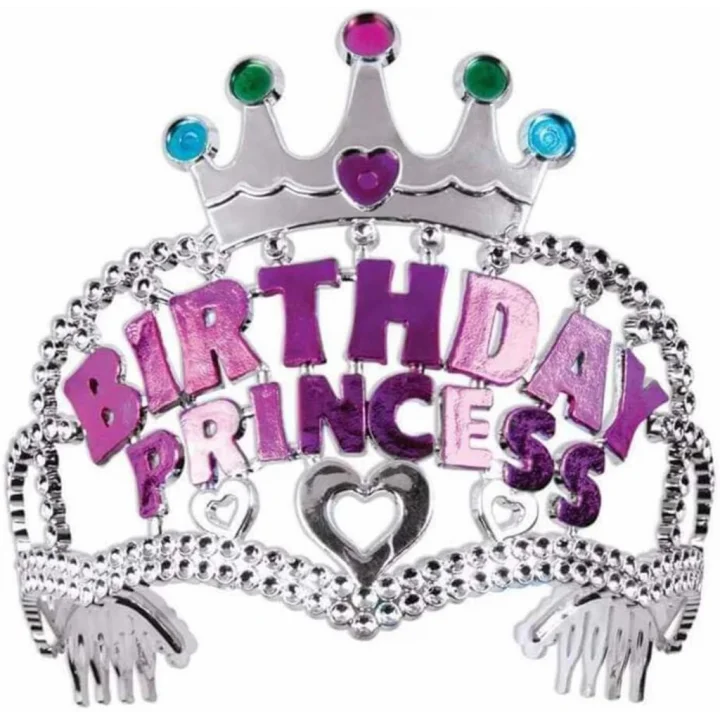 Mey İthalat® Gümüş Renk Taç Üzeri Pembe Birthday Prenses Yazılı Çocuk Parti Tacı 11X12cm