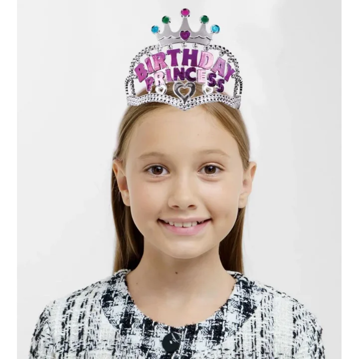 Mey İthalat® Gümüş Renk Taç Üzeri Pembe Birthday Prenses Yazılı Çocuk Parti Tacı 11X12cm